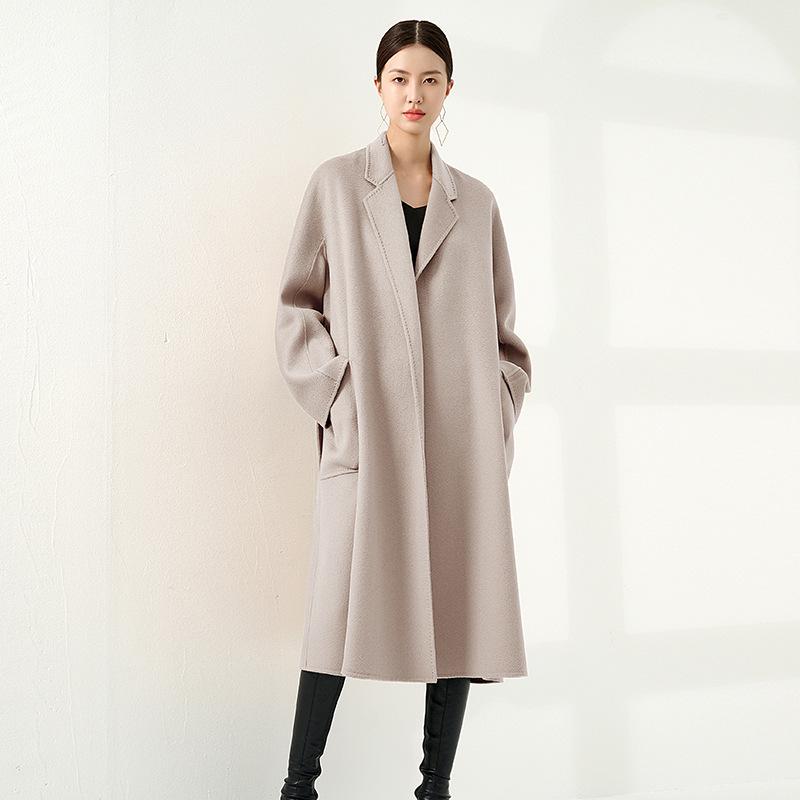 100% Pure Cashmere Water Ripple Double-Faced Wool Coat with Belt - Women's Outerwear
