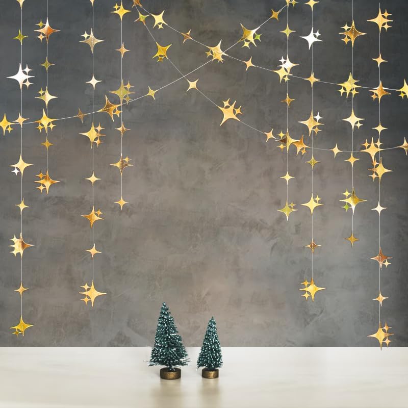 Glitter Gold Four-Angle Star Paper Garland Banner Décor 40 Feet Gold Twinkle Star Hanging Bunting Banner Backdrop for Wedding Baby Shower Birthday
