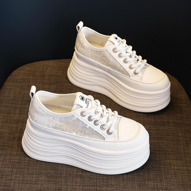 

HZ839-12 толстая подошва, сетчатые дышащие туфли на скрытой платформе с пайетками, универсальные маленькие белые туфли, женская летняя спортивная и повседневная обувь 39 белый