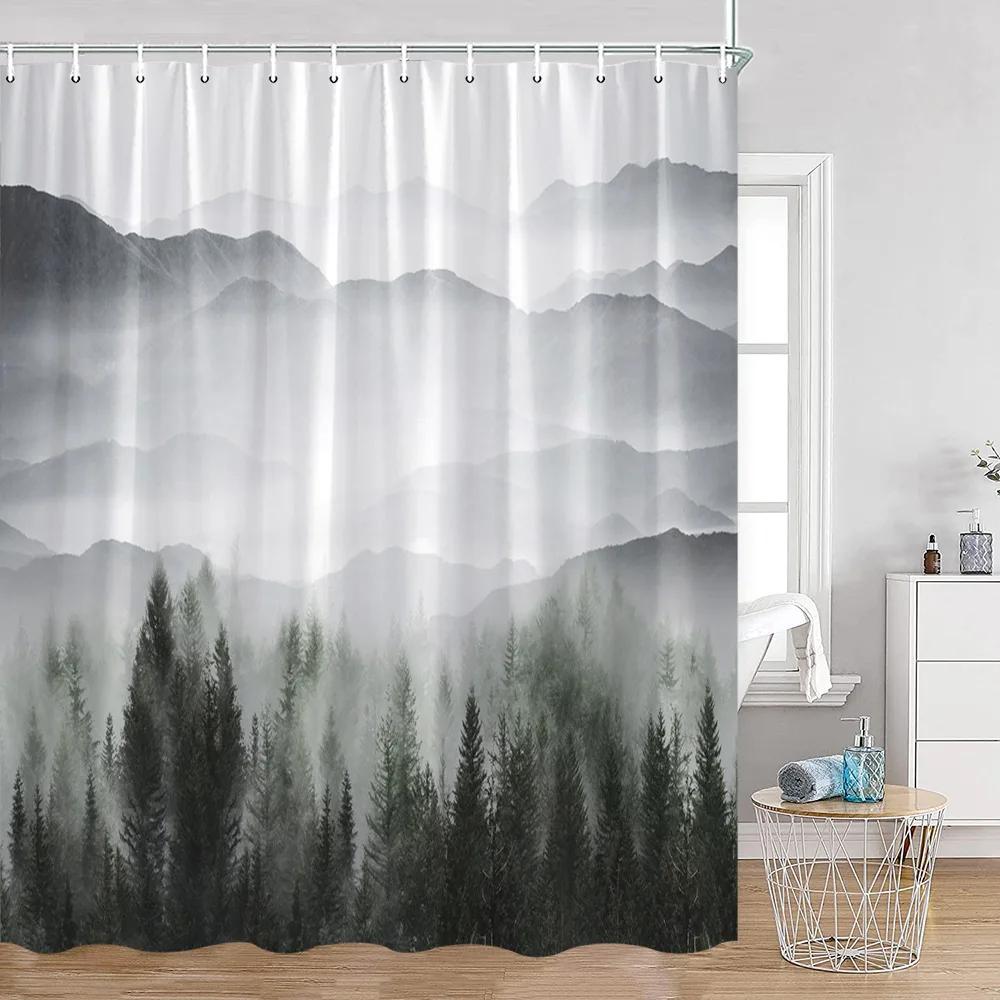 Duschvorhänge mit nebligen Wäldern, verschneite Kiefern, grüne Wälder, Naturlandschaft, minimalistisches Badezimmerdekor, moderner Badevorhang aus Polyester