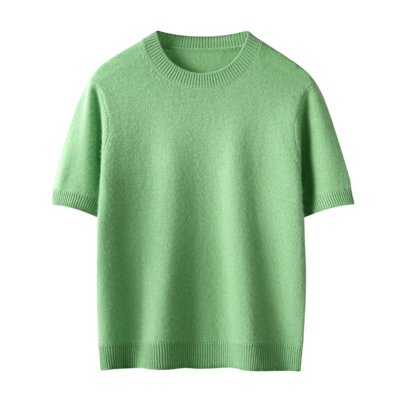 Solid Color Cashmere Blend Sweater, Lightweight, Short-Sleeved, Round Neck, Relaxed Fit, Five-Point Sleeves, Ideal for Layering