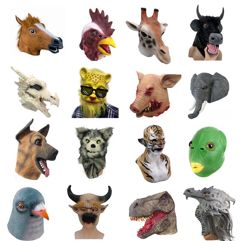 Tier-Latexmasken: Schwein, Leopard, Tiger, Elefant, Kaninchen, Pferd, Hahnenkopf-Kopfbedeckung
