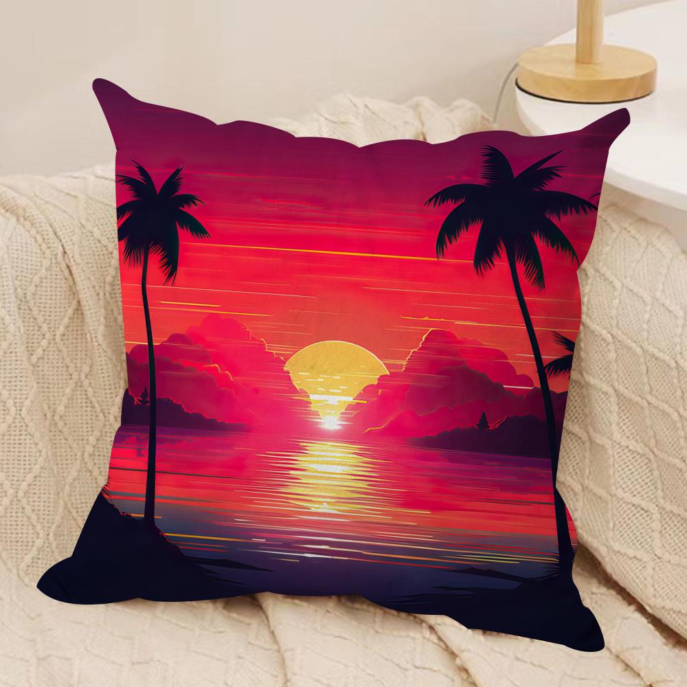 Sunset Palm Tree Fashion Cushion Cover Silky Short Plush Invisible Zipper Dustproof Sofa Pillow Case for Home Decor