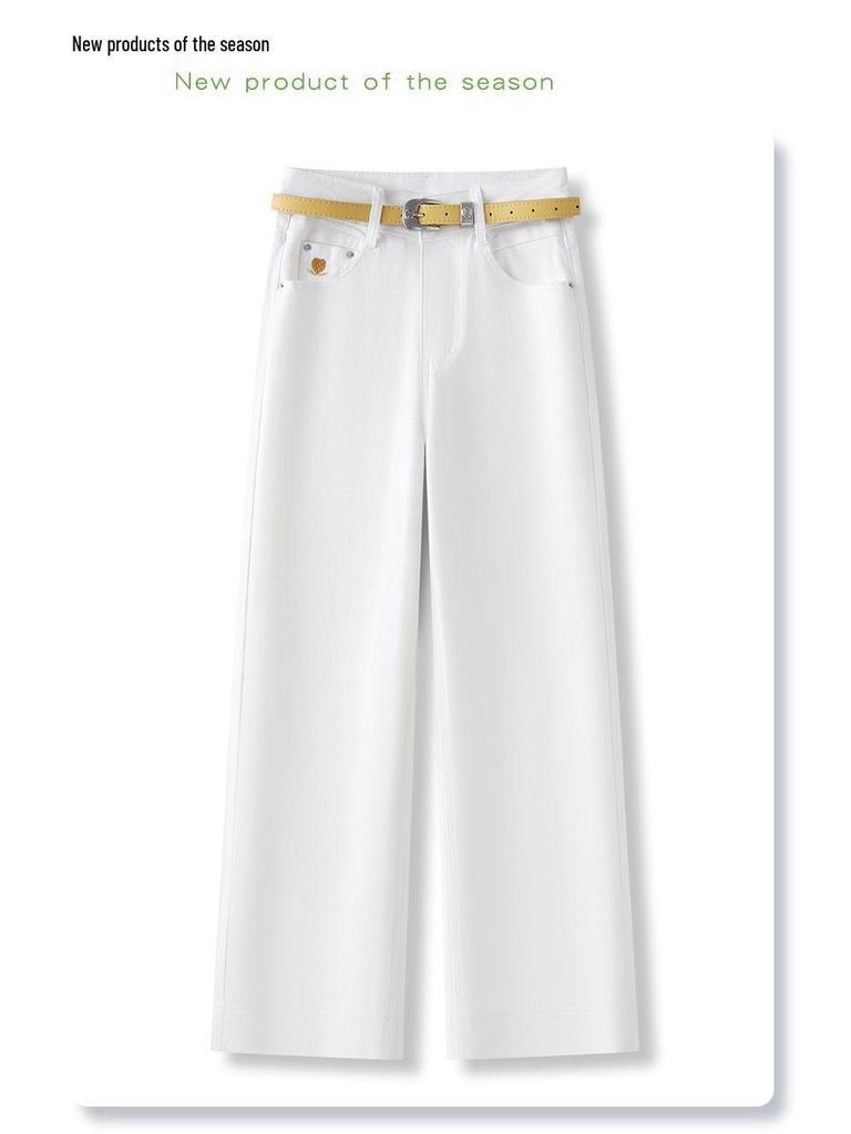 Women's White Wide-Leg Cropped Jeans, Summer 2026 Petite Size, Loose Slimming Straight-Leg Pants