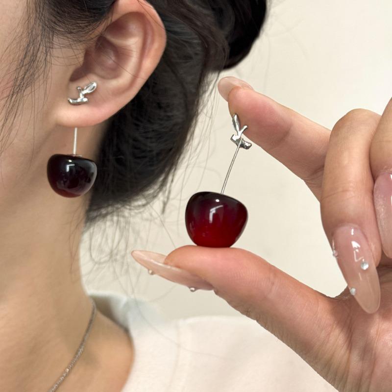 Red Cherry Pendant Stud Earrings Sweet Fashion Daily Commute Women Jewelry