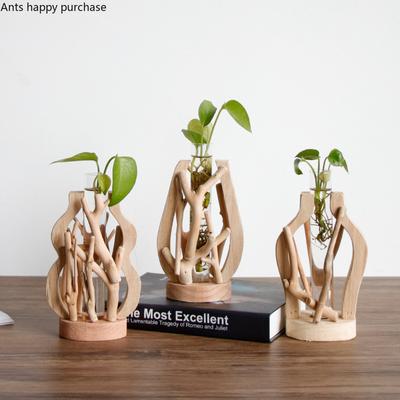 Reine Handarbeit Holzvase Dekoriert Massivholz Blumentopf für Kreatives Glas Floraler Hydrokulturbehälter Heim Dekorative Vase