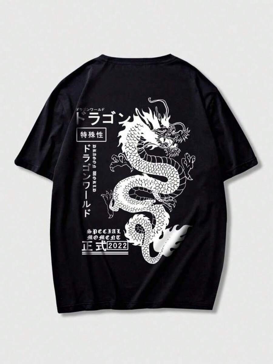 

Graphic-Shirt Cotton Tees Size PlusROMWE MEN Anime Spring/Summer Casual Graphic Men Dragon Print Y2K 5XL різнокольоровий