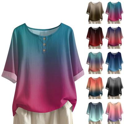Women's Fashionable And Casual Shirt Half-sleeve Round Neck Print Cotton And Linen Blouse Top