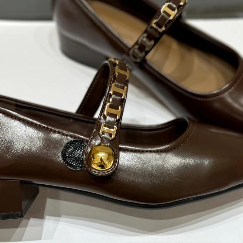 2025 Women's Mid-heeled Single Shoes Square Toe Velcro Chain Small Leather Shoes Office French Shallow Mouth Zapatillas De Mujer