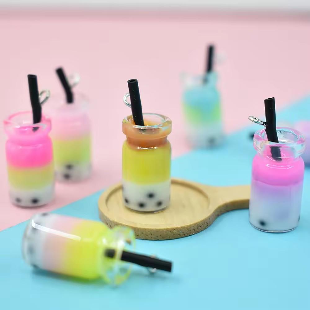 Hot Sale Bulk Stock Resin Jewelry Earring Keychain DIY Accessories Milk Bubble Tea Design Glass Bottle Charm for Souvenir Use