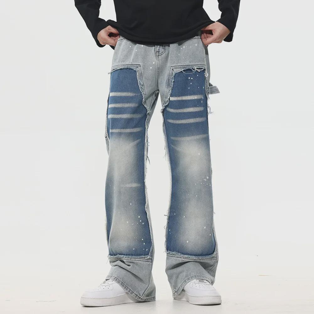 Trendy Herrenhose aus gewaschenem Denim mit geradem Bein und Kontrastnähten im Punk-Stil mit Tintenspritzern und Katzenschnurrhaar-Details