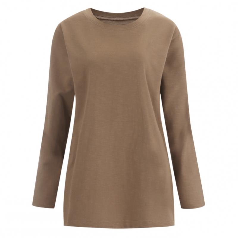 Shop Women Loose FiT Slub Round Long Sleeve CoTTon T shirT Dark Khaki Dai Wsh