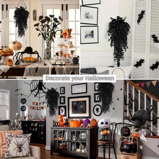 2 ks Halloweenská závěsná umělá eukalyptová strašidelná umělá černá listová větev vnitřní venkovní nástěnná závěsná falešná plastová rostlina černá zeleň dekorace