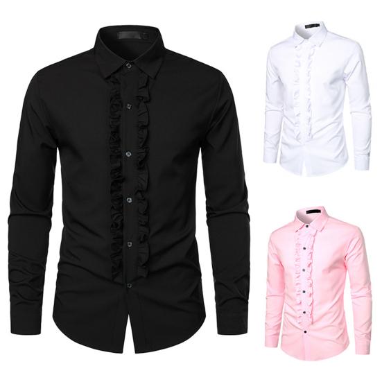 Men Shirt Retro Medieval Single-breasted Royal Style Ruffle Patchwork Lapel Collar Long