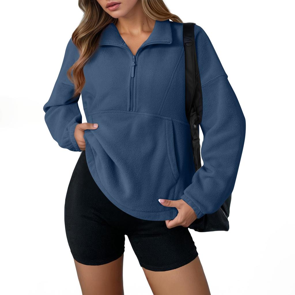 Sportlicher Damen-Fleece-Pullover mit halbem Reißverschluss, modisches lockeres langärmeliges Street-Sweatshirt-Oberteil