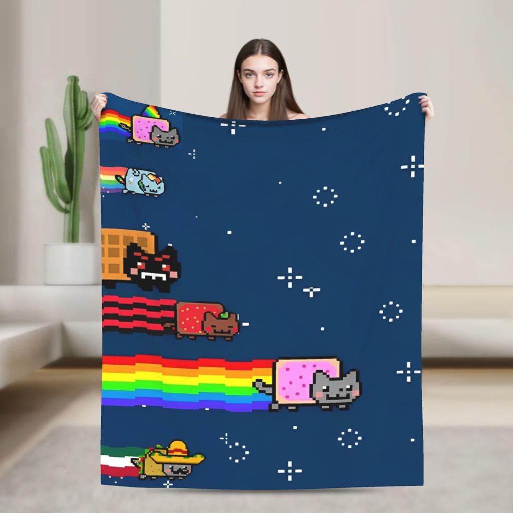 Katze Regenbogen Pixel Welt Nyans Decken Fleece Frühling Herbst Atmungsaktiv Super Warm Überwurfdecken für Bettwäsche Sofa Teppich Stück