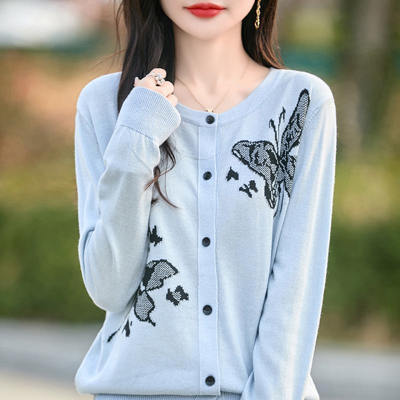 2025 Spring/Summer Women's Butterfly Intarsia Knitted Wool Cardigan – Loose Fit, Round Neck, Long Sleeve