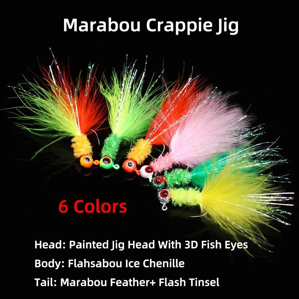 6 STÜCKE 6 Farben Marabou Crappie Jigkopf Haken Eisfischen Panfish Sonnenfisch Forelle Walleye Angelköder Haken