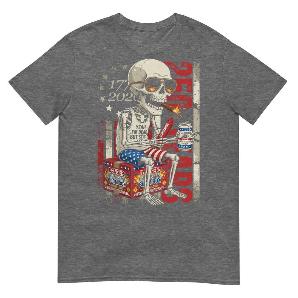250 Years Funny Skeleton Fireworks American Flag 4th Of July Tshirt