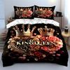 King Queen Crown Heart Bedding Set 3PCS Luxury Golden Rose Print Duvet Cover Pillowcases Romantic Bed Linen for Couple Bedroom