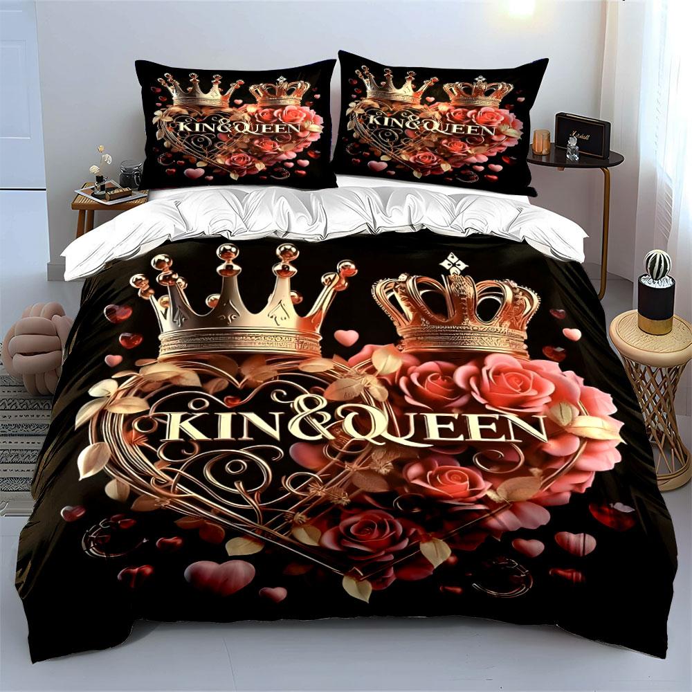King Queen Crown Heart Bedding Set 3PCS Luxury Golden Rose Print Duvet Cover Pillowcases Romantic Bed Linen for Couple Bedroom