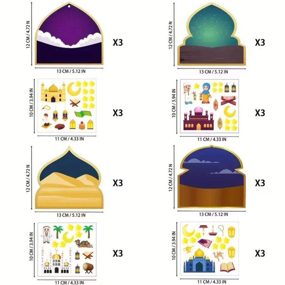 36Pcs/Set Craft Paper Eid Mubarak Craft Kits DIY Craft Colorful Ramadan DIY Scene Sticker With Ribbon Hanging Ornament