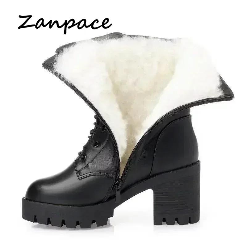 Fashion 2025 Winter Leather Women Winter Boots Thick Wool Warm Women High-heeled Genuine Boot High-quality Female Snow Boots Women Shoes