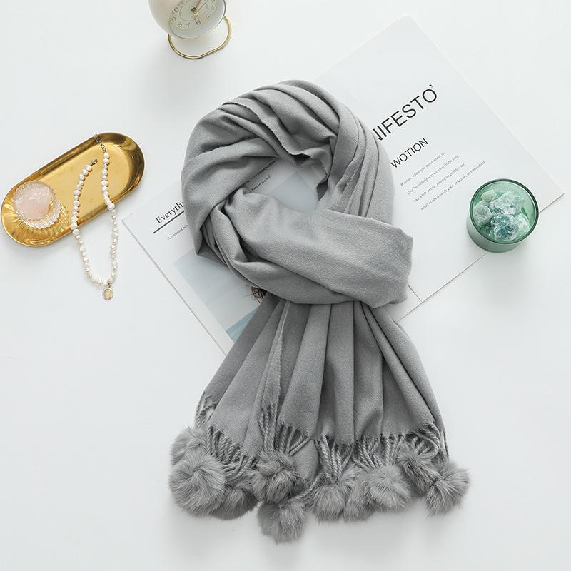 Girls Cute Imitation Cashmere Scarf Women's Winter Warm Solid Color Big Rabbit Fur Ball New Scarf Shawl