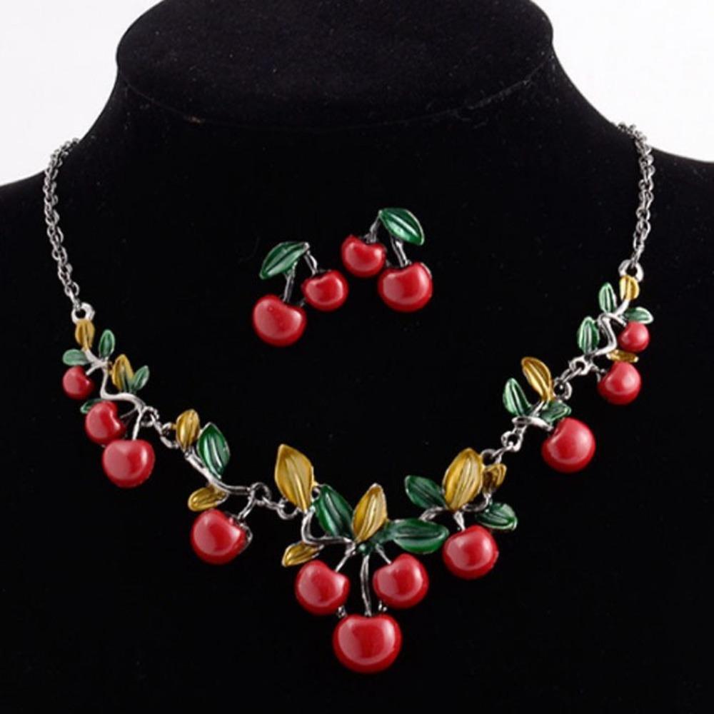 Dangling Charms Cherry Necklace Set Red Collarbone Necklace New Necklace Earring Set  Daily Outfits