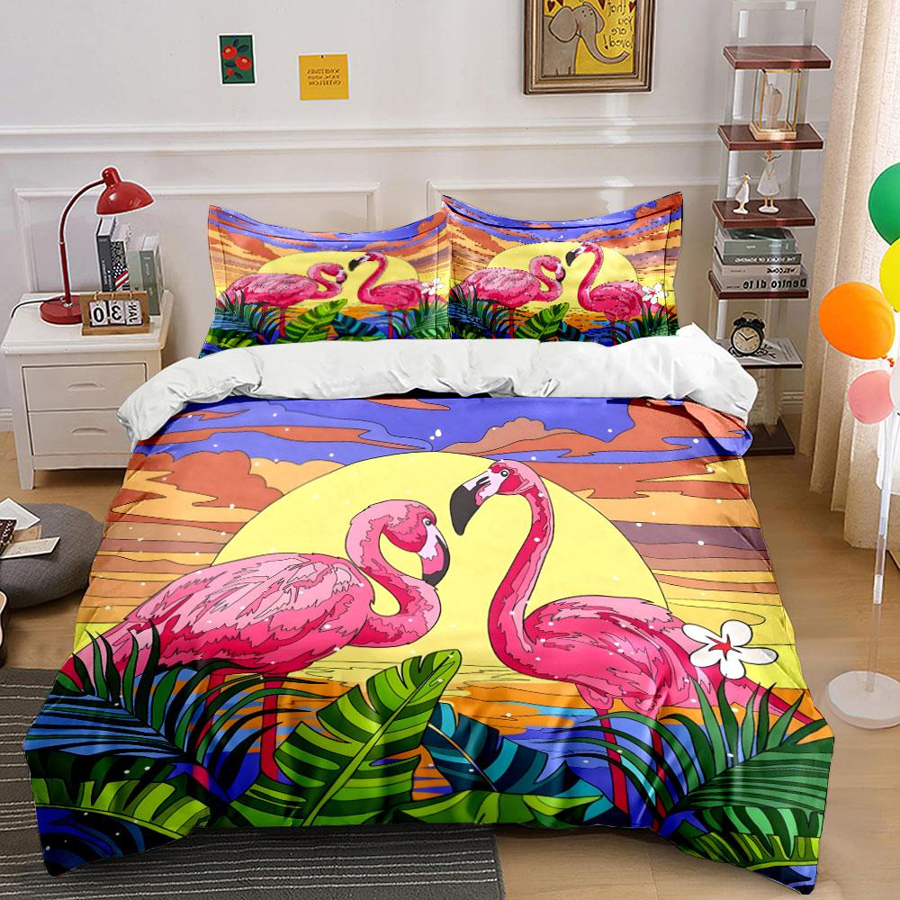 Flamingo Sunset Tropical Paradise Set Kid'S And Adults' Bedroom Decor, Exquisite Three-Piece Bedding Set Gift