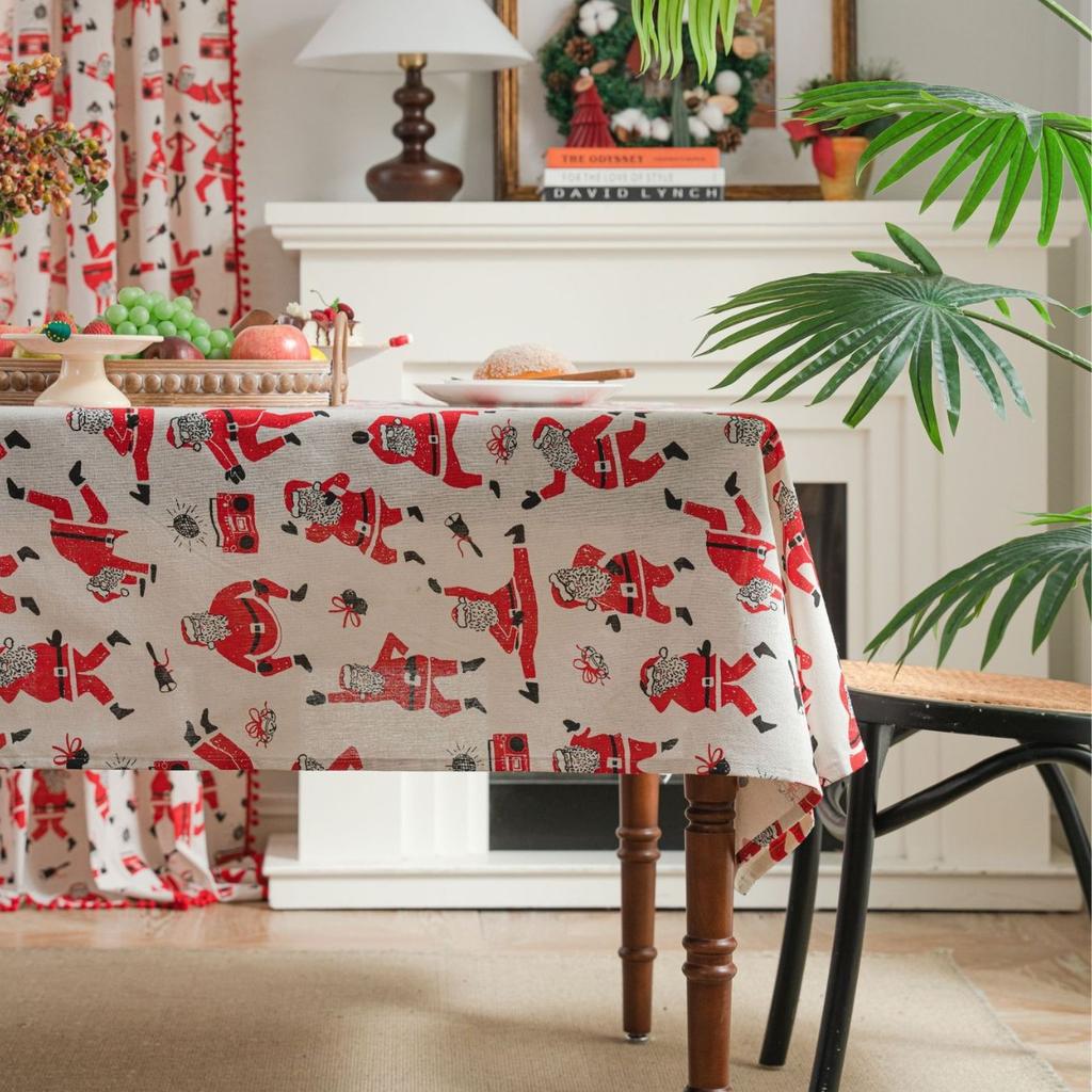 1PC Christmas Biscuit Man Print Japanese Cotton and Linen Red Festive Table Cloth Decoration Kitchen Rectangle