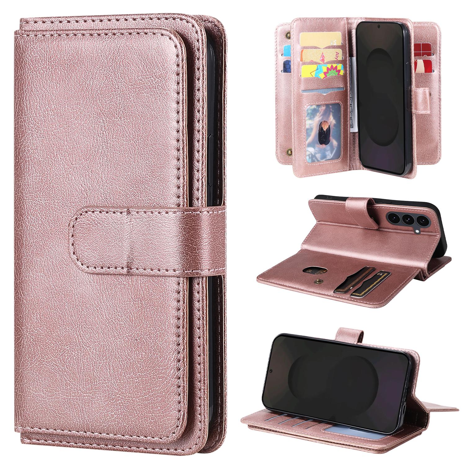 

Кожаный чехол для Samsung Galaxy S25 FE с 10 отделениями для карт, чехол для телефона с подставкой Rose Gold