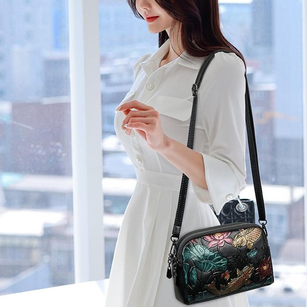 High Quality Leather Handbag Luxury Designer Retro Ethnic Style 3D Printed Shoulder Bag Fashion Diagonal Cross Pocket Phone Bag