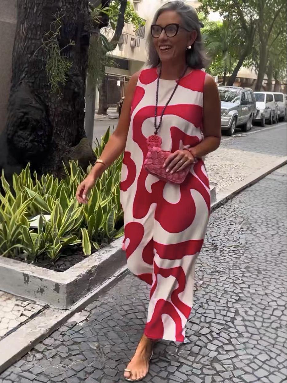 2026 Summer V-neck Printed Sleeveless Casual Long Dress L ярко-красный
