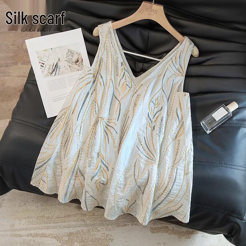 French V-Neck Embroidered Sleeveless Shirt M белый