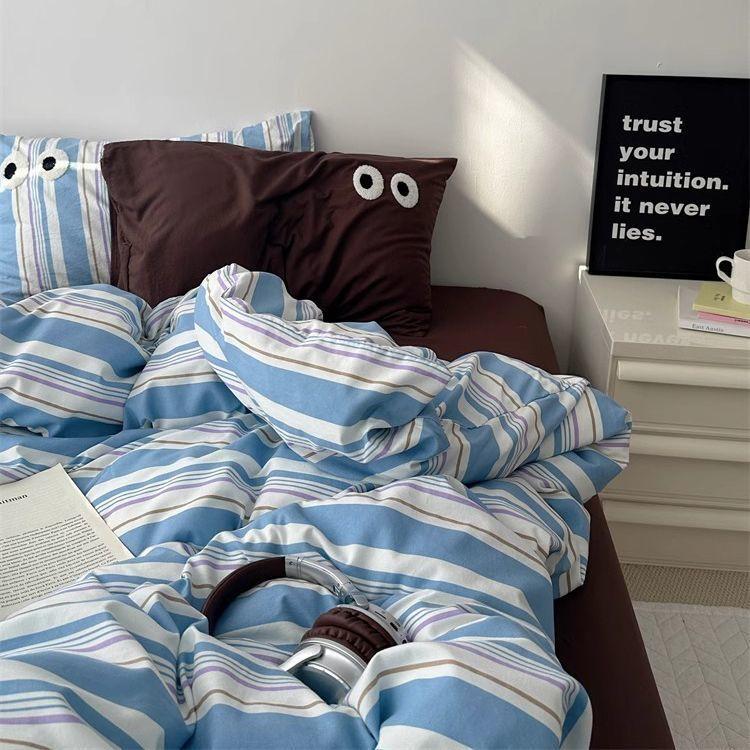 Ins  Big Eyes Cowboy Blue Solid Color Beding Set  Duvet Cover Bed Sheet Simple Dormitory Queen King Size