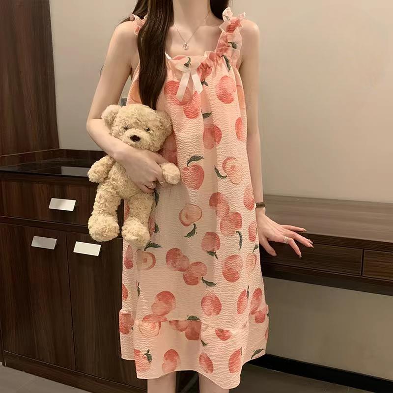 Schlafrock, weiblich, Sommer, süß, süß, Sling-Pyjama, mittellang, Nachtwäsche, Kleid, Homewear, ärmellose Pyjama-Sets für Frauen