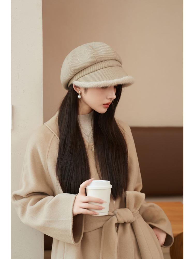 Pogrubiona Ośmiokątna Czapka z Pluszowym Brzegiem Damska Brytyjska Moda Kapelusz Malarza Jesień i Zima Czapka Newsboy