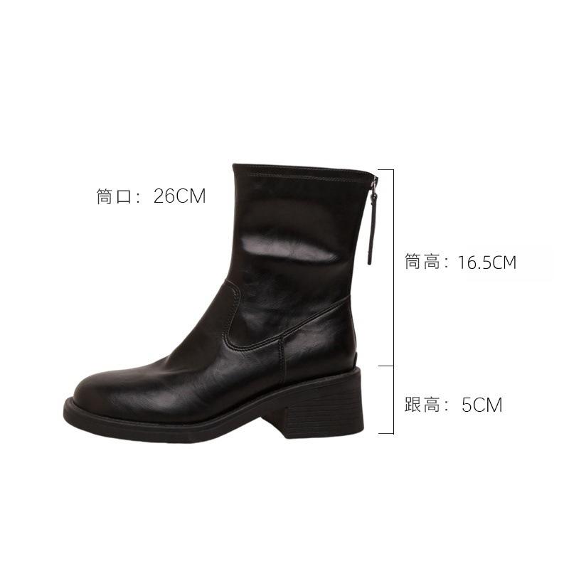 

Помытая усаженная коровья кожа Квадратный каблук Задняя молния Ботинки Мартин Локомотивные короткие ботинки Женские облегающие ботинки 40