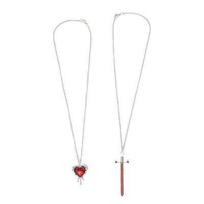 2pcs Heart Sword Pendant Necklace Set Matching Sword Through Heart Couple Jewelry Romantic Necklace Couple Necklace