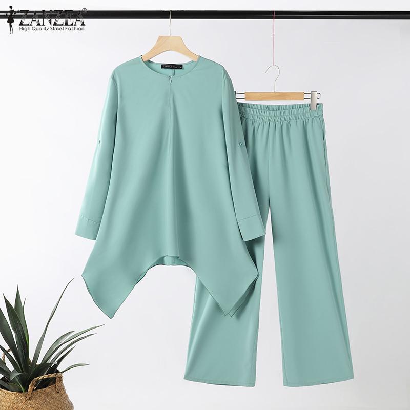 ZANZEA Women Long Sleeve Irregular Blouse and Pants Casual Two Piece Suit Sets