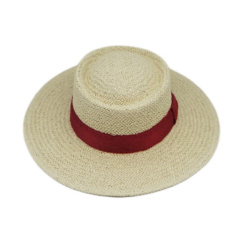 Beige Red Woven Straw Hat Women'S Summer Straw Flat Top Top Top Top Hat Panama Retro Sunshade Resort Beach Foreign Trade Tide
