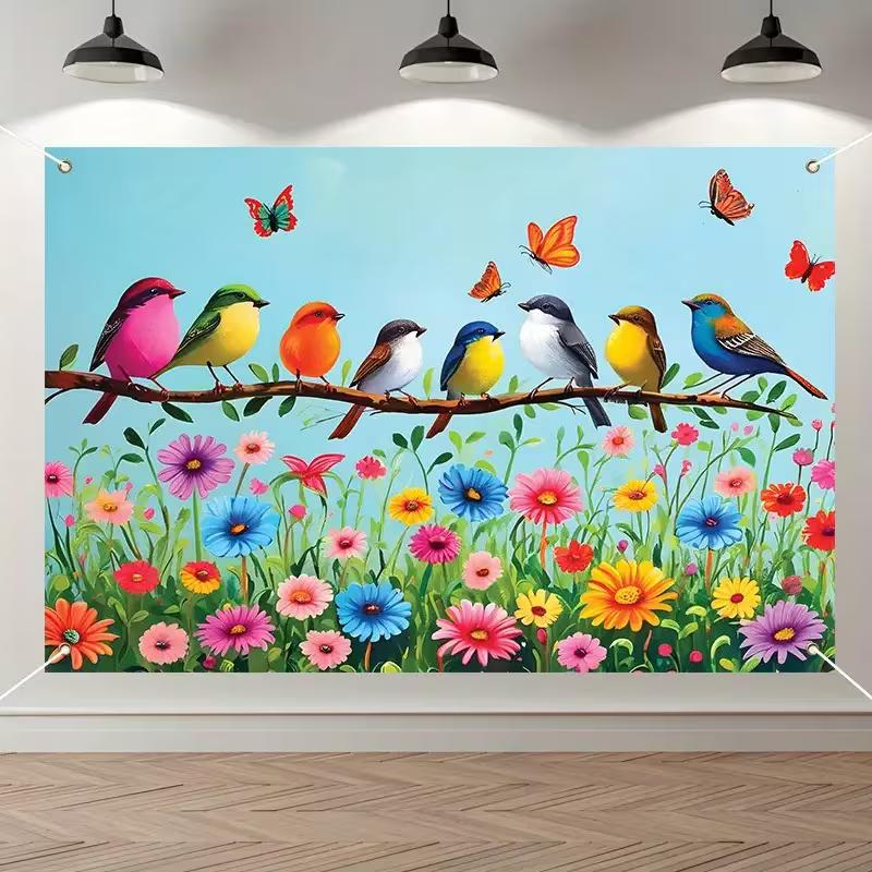 2D Spring Floral Garden with Birds and Butterflies Backdrop Photography Background Banner