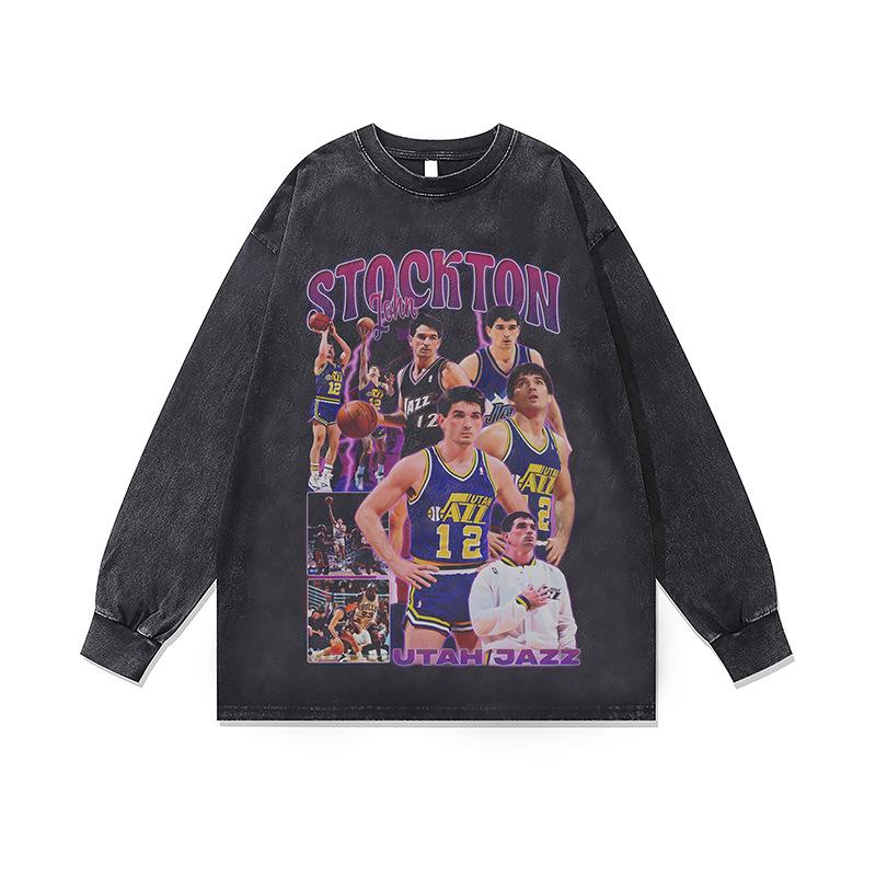 2. American Retro Hip-Hop Star Print Base Top Men'S And Women'S Autumn Washed Crew Neck Long Sleeve T-Shirt