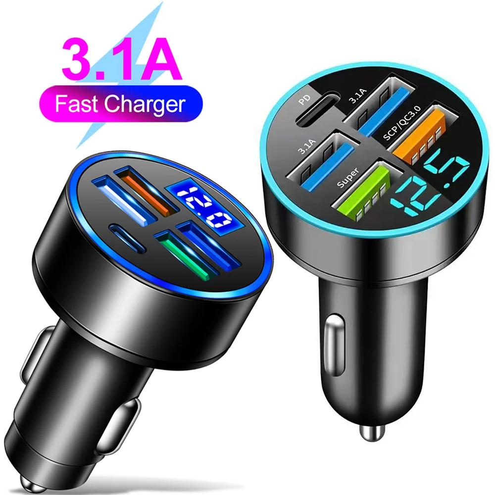 Car Charger 15.5W 4USB Type-C Digital Display Car Power Charger 5V 3.1A With Voltage Detection Multi-port Car Power Adapter