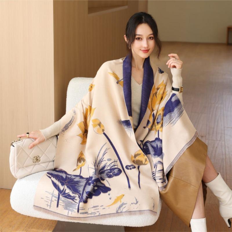 Elegant Lotus Shawl Women's Autumn and Winter New Imitation Cashmere Jacquard Scarf Fashionable and Elegant Warm Thickened Scarf