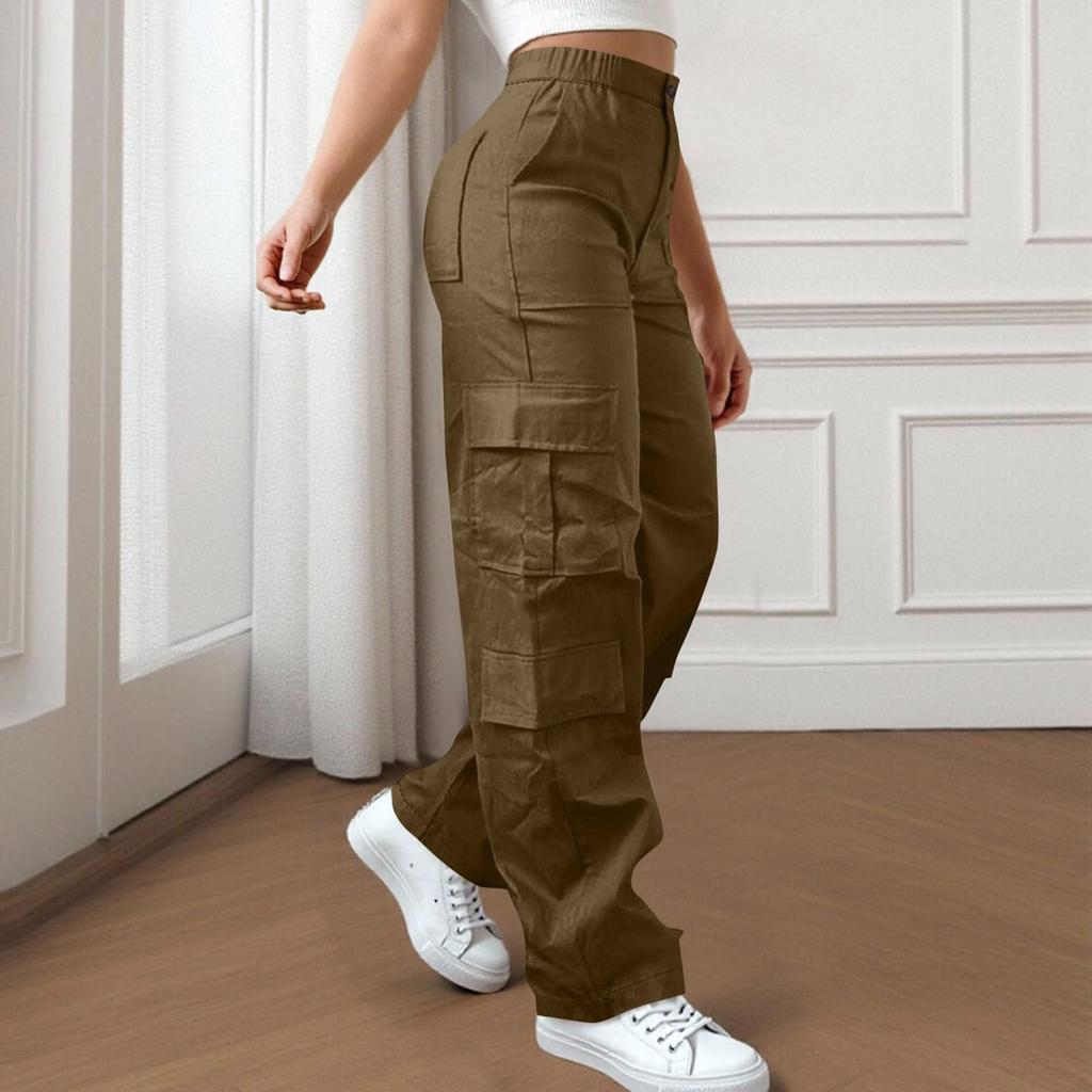 Womens Elastic High Waisted Cargo Pants Stretch Casual Wide Leg Streetwear Parachute Hiking Pants With Pockets