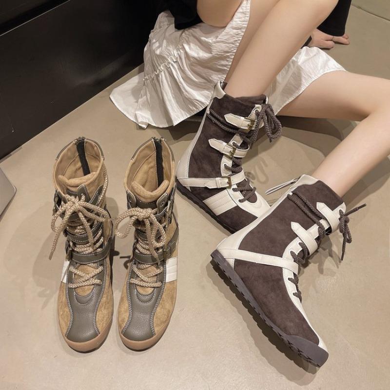 Fashion Thick Soled Contrasting Color Boxing Boots for Women,winter New Retro Lace Up Short Boots with Belt Buckle High Top Casual Boots