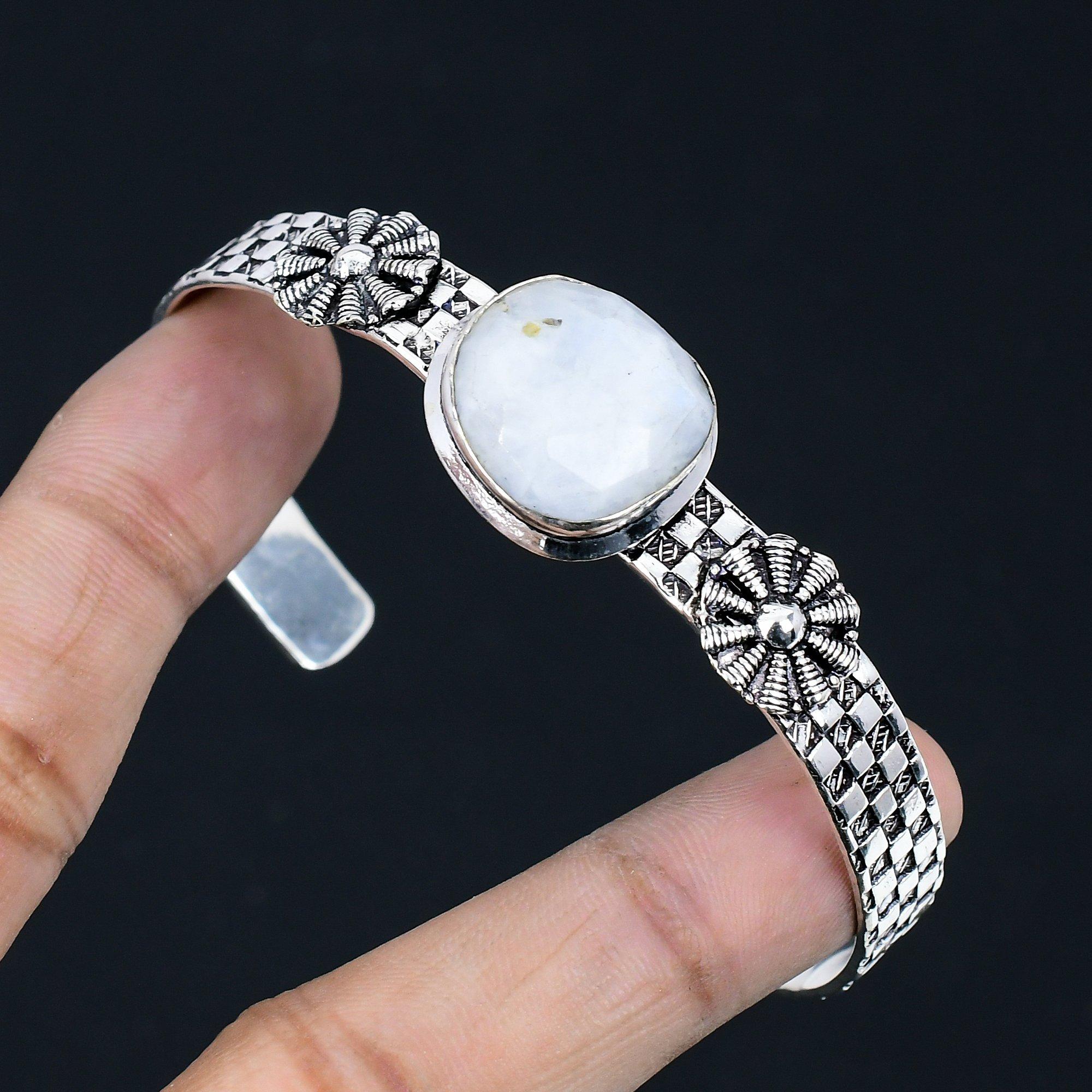 

925 Silver Oval Rainbow Moonstone Stone Crown Chakra Sister Boho Bangle Bracelet Adjustable