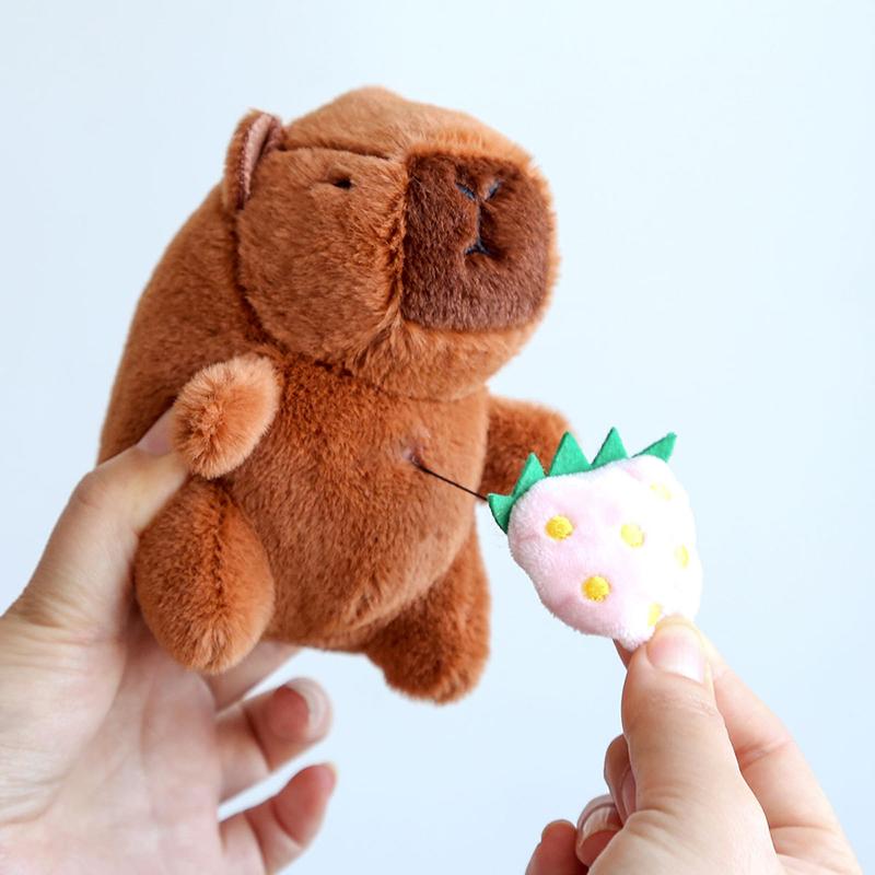12Cm Cute Plush Capybara Holding Fruit Quick Pull Keychain Toy Cartoon Capybara Fluffty Animal Doll Plush Pendant Accessories